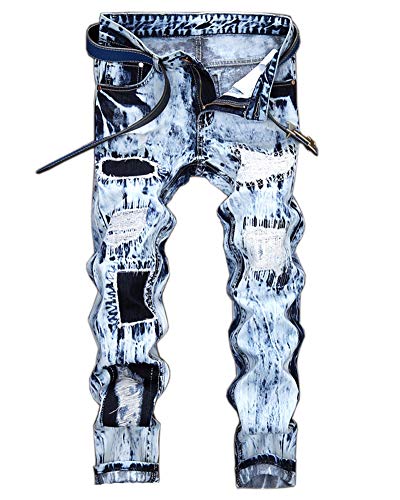 YOUCAI Herren Ripped Slim Fit Motorrad Denim Biker Jeans Hose mit Patch Bestickt Farbanpassung Jeans Trendy Streetwear Hosen(kein Gürtel) Hellblau 38W von YOUCAI