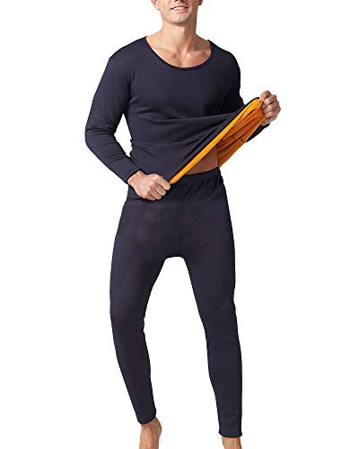 YOUCAI Herren Thermo Unterwäsche Set Goldsamt Fleece gefüttert Warm Winter Langarmhemd mit Rundhalsausschnitt Oberteil und Leggings Thermohose Unterhose mit Innenfleece Marine 5XL von YOUCAI