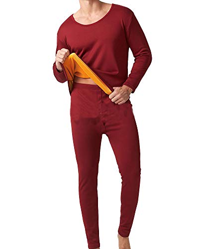 YOUCAI Herren Thermo Unterwäsche Set Goldsamt Fleece gefüttert Warm Winter Langarmhemd mit Rundhalsausschnitt Oberteil und Leggings Thermohose Unterhose mit Innenfleece Wine rot XL von YOUCAI