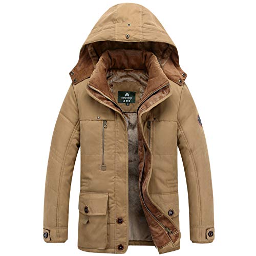 YOUCAI Herren Warm Winterjacke Parka Daunenjacke Lang Wintermantel mit Kapuze Faux Fellbesatz Warm Gefüttert Winddichte Winter Kapuzenjacke,Khaki,L von YOUCAI