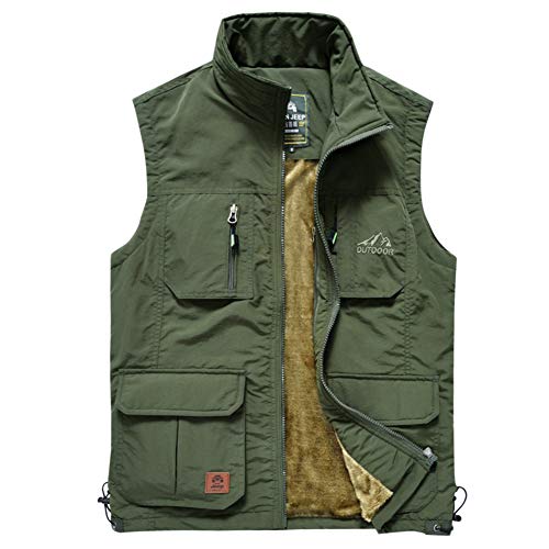 YOUCAI Herren Weste mit Plüsch Gefüttert Outdoor Sport Bodywarmer Gilet Herbst Winter Vest Sport Weste mit Stehkragen Tasche,Armeegrün,L von YOUCAI