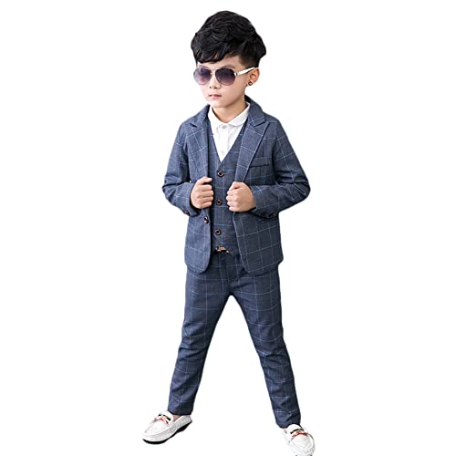 YOUCAI Jungen Festlichen Anzug Set Plaid Kinder Blazer & Hosen Outfit, Freizeitkleidung Oder Hochzeitskleid 3 teiliges/4 teiliges Gentleman Jacke + (Langarm Hemd) + Weste + Hosen,Grau-4 STÜCKE,4-5 von YOUCAI