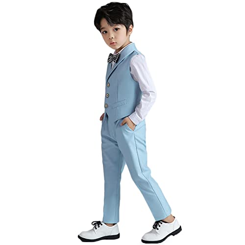 YOUCAI Jungen Gentleman Set für Kinder Taufkleidung Anzug, Kinderanzug Festlich, Weste, Hose, Fliege, (Hemd) Hochzeit Anzugweste Set,Blau-4 STÜCKE,7-8 Jahre von YOUCAI