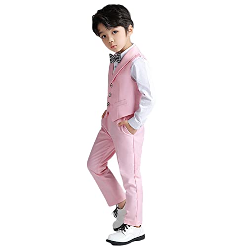 YOUCAI Jungen Gentleman Set für Kinder Taufkleidung Anzug, Kinderanzug Festlich, Weste, Hose, Fliege, (Hemd) Hochzeit Anzugweste Set,Rosa-4 STÜCKE,3-4 Jahre von YOUCAI