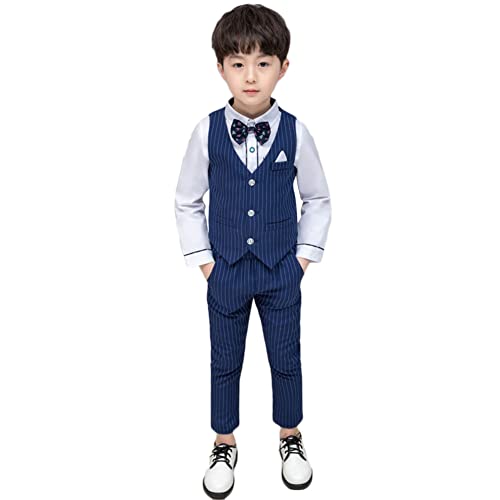 YOUCAI Jungen Kleid Anzugweste Set, 2/5tlg Outfit, Kinder Hochzeit Anzüge Gentleman Smoking Weste + Hose Kleidung Set,Blau-5 STÜCKE,4-5 Jahre von YOUCAI