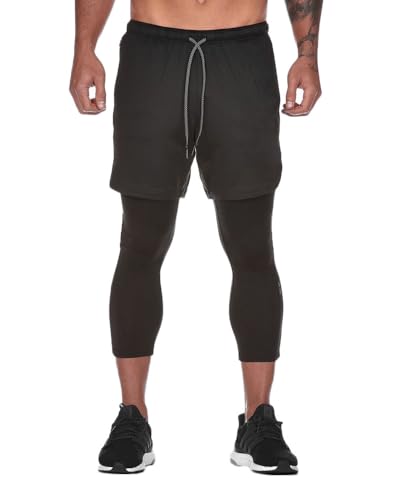 YOUCAI Kompressionshose Herren 3/4 Laufhose Lang Tight 2-in-1 Athletische Workout-Shorts Sport Leggings für Sport Training Jogginghose Hosen,Schwarz,L von YOUCAI