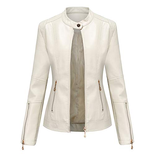 YOUCAI PU Lederjacke Damen Bikerjacke Kunstlederjacke mit Reißverschluss Übergangsjacke Damenjakce mit Stehkragen Modischer Ledermantel für Damen Kurzjacke aus Kunstleder Beige dünn 3XL von YOUCAI