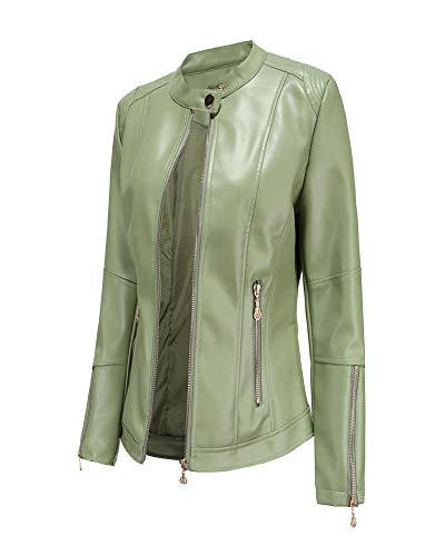 YOUCAI PU Lederjacke Damen Bikerjacke Kunstlederjacke mit Reißverschluss Übergangsjacke Damenjakce mit Stehkragen Modischer Ledermantel für Damen Kurzjacke aus Kunstleder Senfgrün Dünn L von YOUCAI