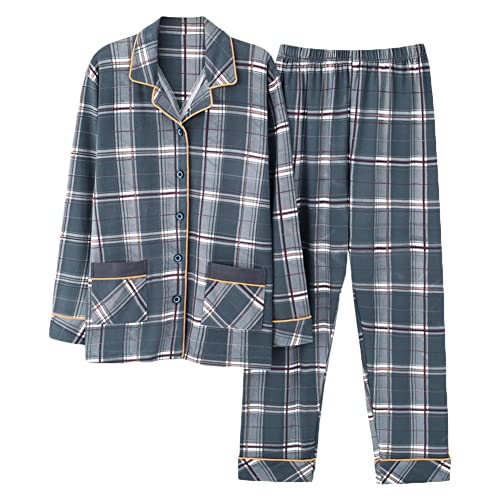 YOUCAI Schlafanzug Herren Zweiteiliger Baumwolle Kariert Pyjama Set, Langarm Oberteil Mit Knopfleiste Und Schlafanzughose Hausanzug Nachtwäsche Hausanzug Sleepwear,9986,S von YOUCAI