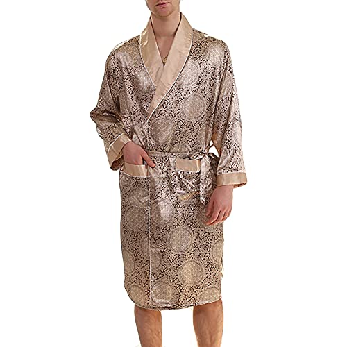 YOUCAI Schlafrock Kimono Herren Männer Pyjama Frühling Sommer Herbst Schlafanzug Satin Weich Gemütlich Lange Ärmel Sleepwear Modern Schlafshirt Casual Morgenmantel Sleepshirt,Golden,5XL von YOUCAI