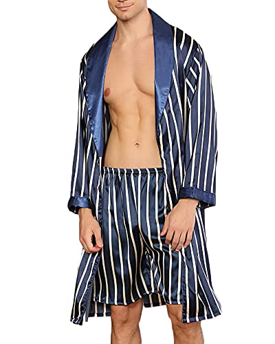 YOUCAI Schlafrock Kimono Herren Männer Pyjama Frühling Sommer Herbst Schlafanzug Satin Weich Gemütlich Lange Ärmel Sleepwear Modern Schlafshirt Casual Morgenmantel Sleepshirt,Streifen,3XL von YOUCAI