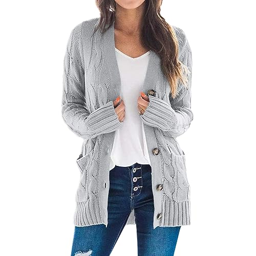 YOUCAI Strickjacke Damen Lang Cardigan Leichte Casual Strickmantel Open Front Jacke Casual Top mit knöpfe und Taschen,Grau1,L von YOUCAI