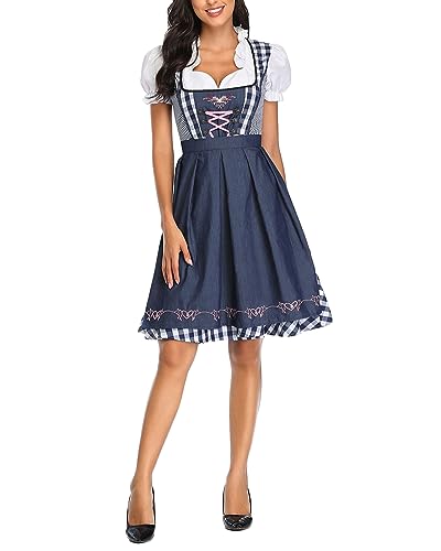 YOUCAI Trachtenkleid Damen Dirndl Kurz Set - Midi Trachtenkleid Fasching Outfit Karneval Kostüm Oktoberfest Dirndl Kleid,Blau,L von YOUCAI