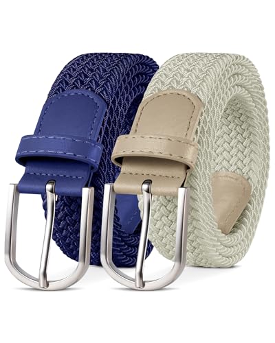 YOUCHAN 2er-Pack Gürtel für Damen und Herren Gürtel Elastische Flechtgürtel 3,3 cm Stretchgürtel mit Verstellbarer Dehnbarer Stoffgürtel Unisex Blue + Beige 120 cm von YOUCHAN