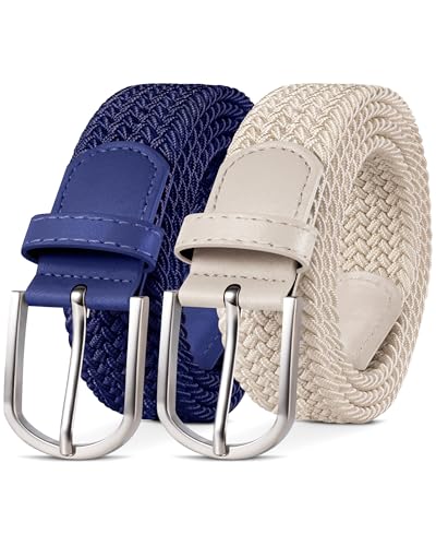 YOUCHAN 2er-Pack Gürtel für Damen und Herren Gürtel Elastische Flechtgürtel 3,3 cm Stretchgürtel mit Verstellbarer Dehnbarer Stoffgürtel Unisex Blue + Beige100 cm von YOUCHAN