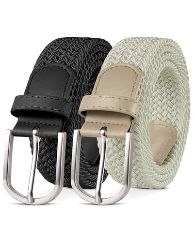 YOUCHAN 2er-Pack Gürtel für Damen und Herren Gürtel Elastische Flechtgürtel 3,3 cm Stretchgürtel mit Verstellbarer Dehnbarer Stoffgürtel Unisex Schwarz + Beige 100 cm von YOUCHAN