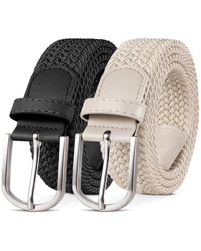YOUCHAN 2er-Pack Gürtel für Damen und Herren Gürtel Elastische Flechtgürtel 3,3 cm Stretchgürtel mit Verstellbarer Dehnbarer Stoffgürtel Unisex Schwarz + Beige 110 cm von YOUCHAN
