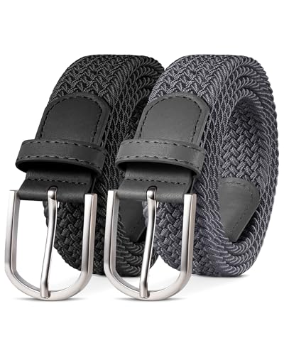 YOUCHAN 2er-Pack Gürtel für Damen und Herren Gürtel Elastische Flechtgürtel 3,3 cm Stretchgürtel mit Verstellbarer Dehnbarer Stoffgürtel Unisex Schwarz + Grau 110 cm von YOUCHAN