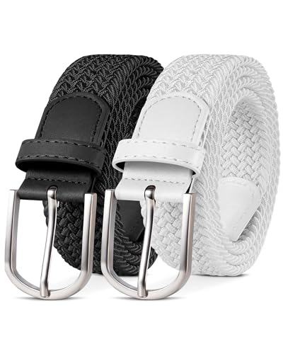 YOUCHAN 2er-Pack Gürtel für Damen und Herren Gürtel Elastische Flechtgürtel 3,3 cm Stretchgürtel mit Verstellbarer Dehnbarer Stoffgürtel Unisex Schwarz + Weiß 110 cm von YOUCHAN