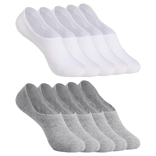 YOUCHAN Sneaker Socken Damen Herren Füßlinge 10 Paar Footies Unsichtbare Kurze No Show Socken Großes Silikonpad Anti Rutsch_Weiß-Grau, 35-38 von YOUCHAN