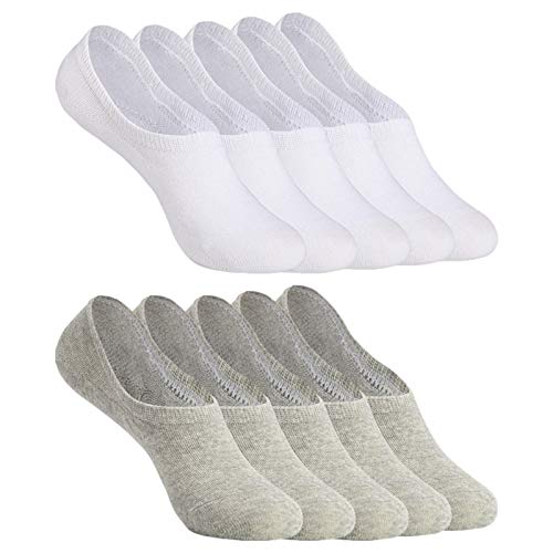 YOUCHAN Sneaker Socken Damen Herren Füßlinge 10 Paar Footies Unsichtbare Kurze No Show Socken Großes Silikonpad Anti Rutsch_Weiß-Grau_43-46 von YOUCHAN