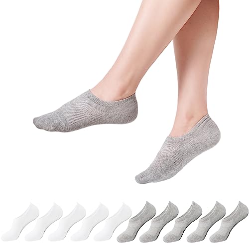 YOUCHAN Sneaker Socken Herren Damen 43-46 Füßlinge Footies Unsichtbare Kurze No Show Socks Silikonpad Anti Rutsch Weiß Grau 10 Paar von YOUCHAN