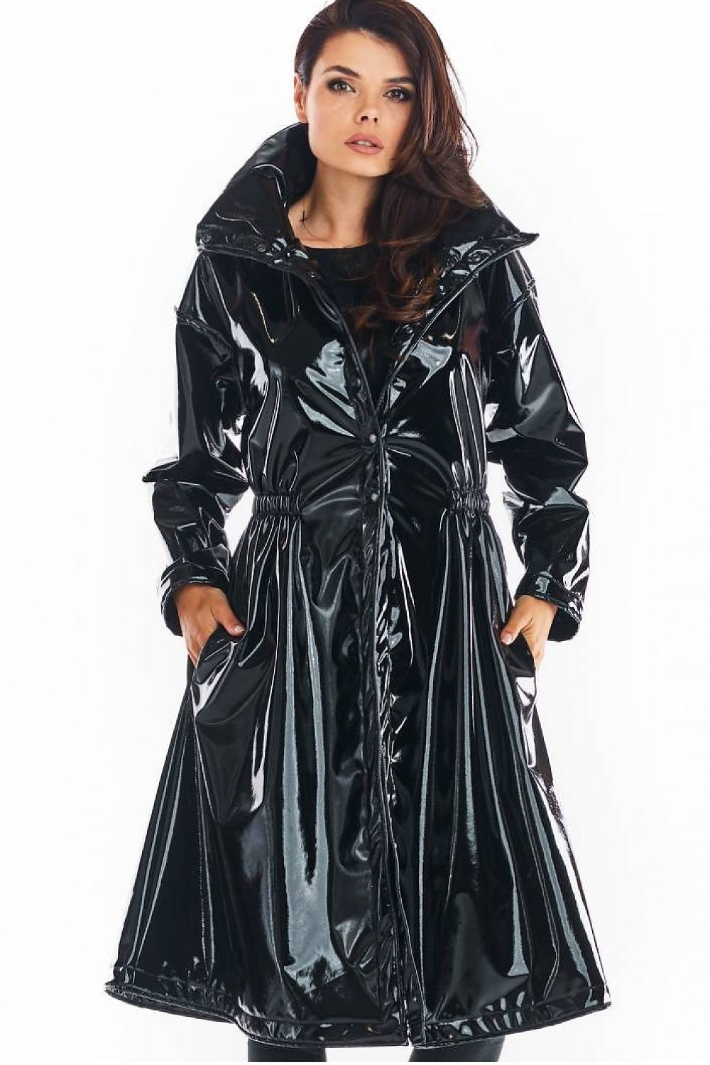 Lack Damen Mantel, Stehkragen Trenchcoat, Schwarzer Militärmantel Mit Taschen, Frauen Pvc Regenjacke, Kunststoff Regenmantel von YOUEU