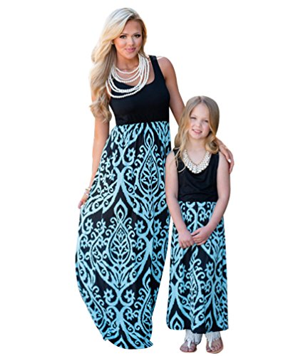 YOUJIA Boho Mütter und Tochter Familie Sommerkleid Rundhals Ärmellose Kleider MaxiKleid A Linie Strandkleid (#4 Blau, S) von YOUJIA