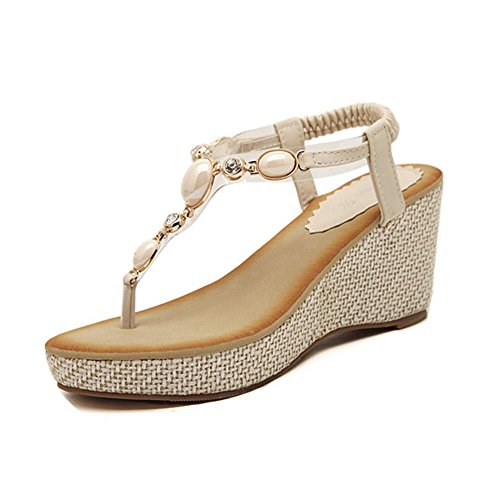 YOUJIA Damen Böhmen Sandaletten Wedges Strass Dianetten Sandalen mit Keilabsatz Sommer Zehentrenner Freizeit Schuhe von YOUJIA