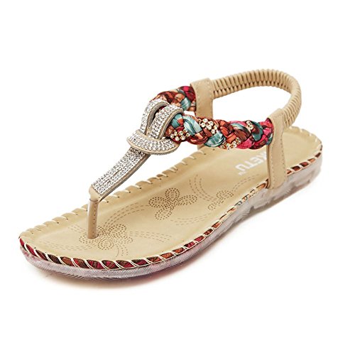 YOUJIA Damen Bohemia Flach Sandalen Dianetten Sommer Pantoletten mit Strass Zehentrenner Strandschuhe Hausschuhe von YOUJIA