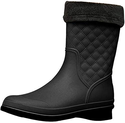 YOUJIA Damen Plaid Mid-Calf Regenstiefel Gummistiefel Garten Stiefel mit Warme Socken Futter (Schwarz/Socken Futter, CN 41) von YOUJIA