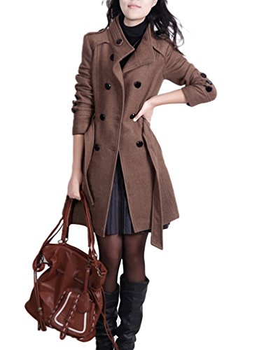 YOUJIA Damen Stehkragen Trenchcoat mit Gürtel Wollmantel Länge Zweireihige Winterjacken Parka (Kaffee, CN L) von YOUJIA