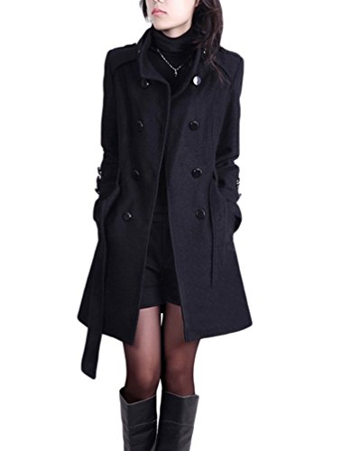 YOUJIA Damen Stehkragen Trenchcoat mit Gürtel Wollmantel Länge Zweireihige Winterjacken Parka (Schwarz, CN M) von YOUJIA