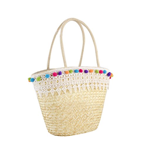 YOUJIA Damen Strandtaschen mit Spitzen-Quasten Stroh Gewebte Casual Elegant Sommer Einkaufen Totes Urlaub Handtaschens (Weißer Spitze, Eine Größe) von youjia