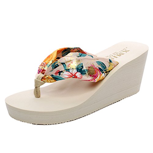 YOUJIA Damen Zehentrenner Sommer Keilabsatz Strandschuhe Satin Boho Platform Slipper (Beige Gold, EU 38) von youjia