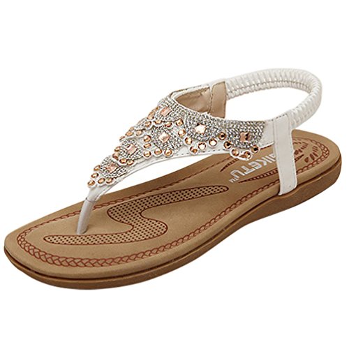 YOUJIA Modisch Klassisch Flache T-Strap Strand Sandalen Mit Strass Weiß 39 von YOUJIA