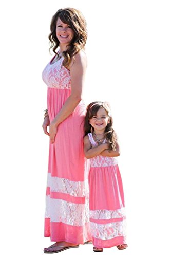 YOUJIA Mutter und Tochter Strandkleid Gedruckt Boho Partykleid Maxikleid Frauen Mädchen Kleid (#2 Pink, 11-12T) von YOUJIA