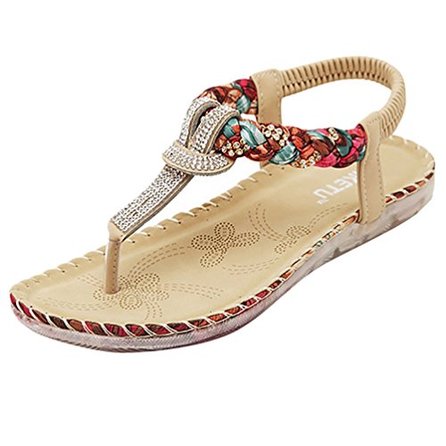 YOUJIA Sommer T-Strap Strand Bequeme Schuhe Damen Flache Sandalen Aprikose 38 von YOUJIA