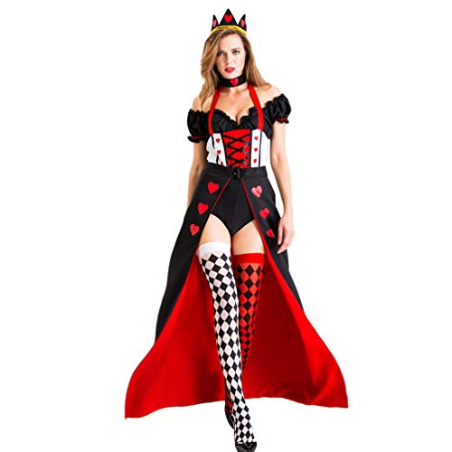 YOUJIAA Frauen Halloween Outfit Rote Herz-Poker Königin Kostüm Lange Partykleider Abendkleid - Schwarz Rot, CN S von YOUJIAA