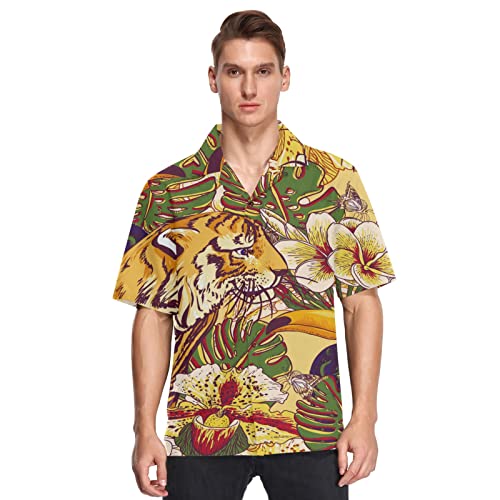 Herren Kurzarm Hawaiihemd Tropischer Palmblatt-Tukan-Tiger Männer Casual Funky Hawaii Hemd Button Down Urlaub Hemd Reise Shirt Strand Beilaufig Freizeit Hemd von YOUJUNER