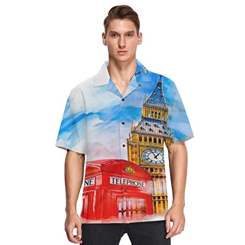 Herren Kurzarm Hawaiihemd Vintage UK London Big Ben Männer Casual Funky Hawaii Hemd Button Down Urlaub Hemd Reise Shirt Strand Beilaufig Freizeit Hemd von YOUJUNER