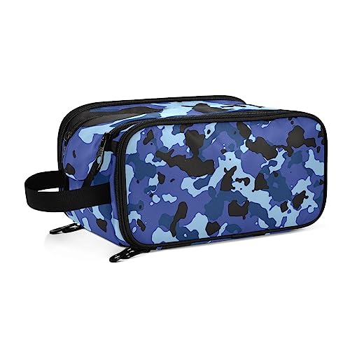 Kulturbeutel Blaue Camo Große Kosmetiktasche Kulturtasche Waschtasche Make Up Tasche Waschbeutel Schminktasche für Damen Mädchen von YOUJUNER