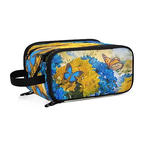 Kulturbeutel Gelber Blauer Blumen-Schmetterling Große Kosmetiktasche Kulturtasche Waschtasche Make Up Tasche Waschbeutel Schminktasche für Damen Mädchen von YOUJUNER