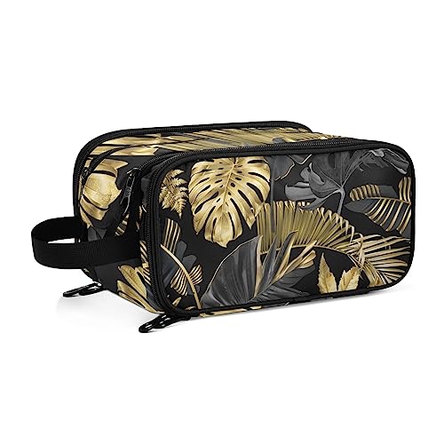 Kulturbeutel Goldene Schwarze Tropische Palmblätter Große Kosmetiktasche Kulturtasche Waschtasche Make Up Tasche Waschbeutel Schminktasche für Damen Mädchen von YOUJUNER