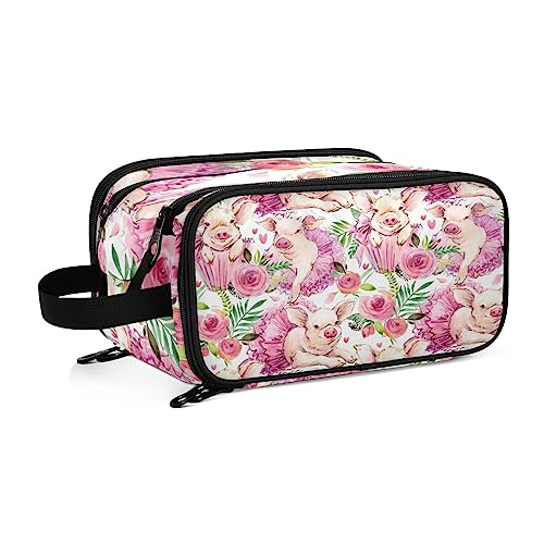 Kulturbeutel Rosa Blumen-Schwein-Muster Große Kosmetiktasche Kulturtasche Waschtasche Make Up Tasche Waschbeutel Schminktasche für Damen Mädchen von YOUJUNER