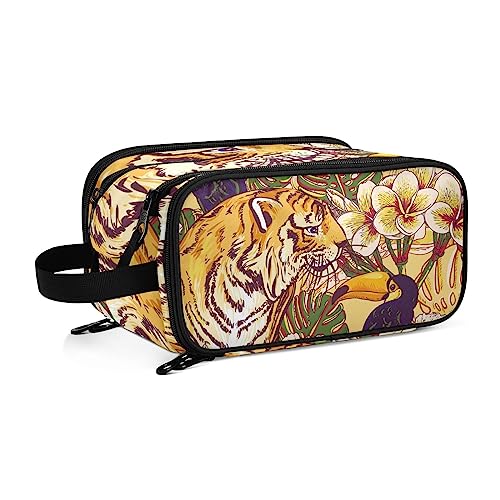 Kulturbeutel Tropischer Palmblatt-Tukan-Tiger Große Kosmetiktasche Kulturtasche Waschtasche Make Up Tasche Waschbeutel Schminktasche für Damen Mädchen von YOUJUNER