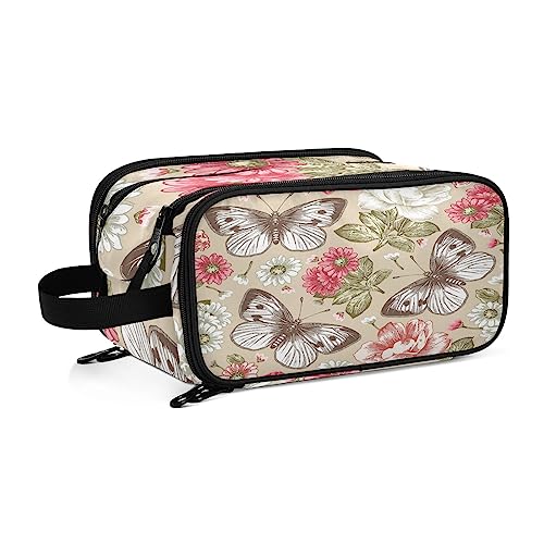 Kulturbeutel Vintage Schmetterling Blumenmuster Große Kosmetiktasche Kulturtasche Waschtasche Make Up Tasche Waschbeutel Schminktasche für Damen Mädchen von YOUJUNER