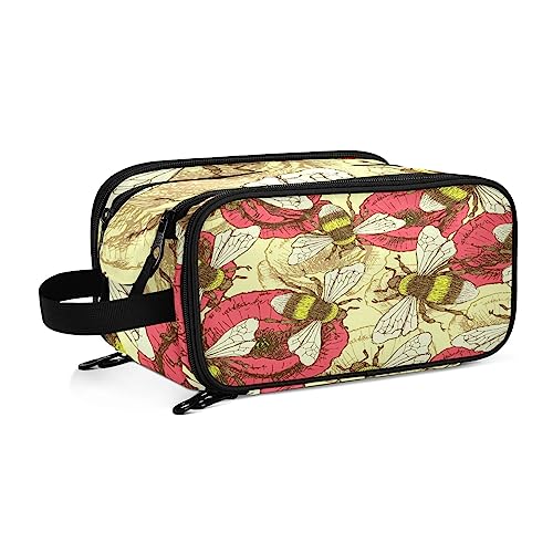 Kulturbeutel intage Honigbiene mit Blumen Große Kosmetiktasche Kulturtasche Waschtasche Make Up Tasche Waschbeutel Schminktasche für Damen Mädchen von YOUJUNER