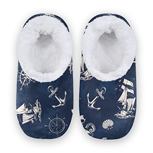 YOUJUNER Damen Hausschuhe Marine-Anker-Segelboot Memory Schaum Slippers für Frauen Winter Warme Pantoffeln Geschlossene Haus Schuhe Bequeme Schlafzimmer Schuhe Baumwolleschuhe von YOUJUNER