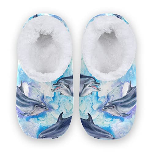 YOUJUNER Damen Hausschuhe Meeresblauer Delphin Memory Schaum Slippers für Frauen Winter Warme Pantoffeln Geschlossene Haus Schuhe Bequeme Schlafzimmer Schuhe Baumwolleschuhe von YOUJUNER